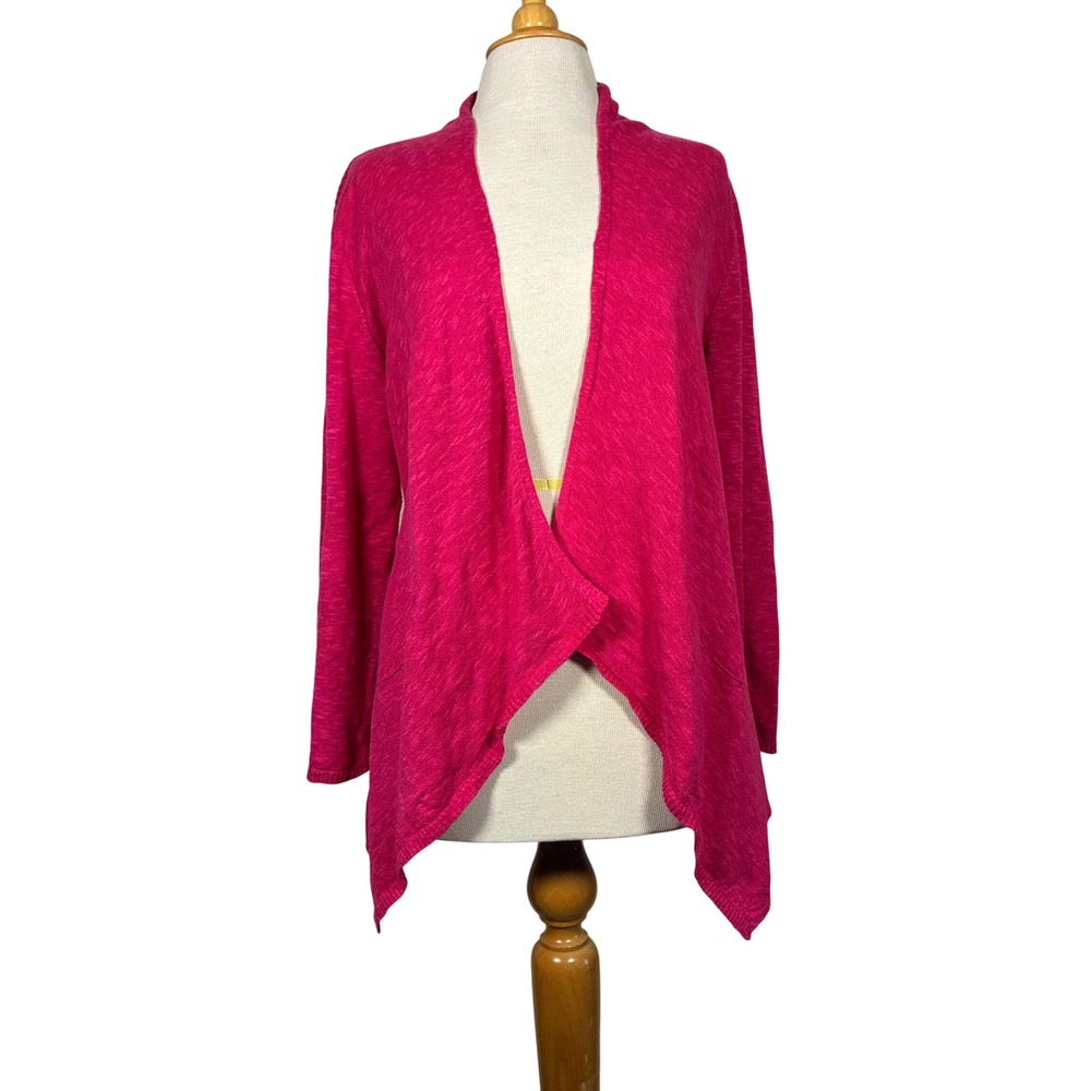 Eileen Fisher Cardigan M Hot Pink open front pockets linen cotton castal summer